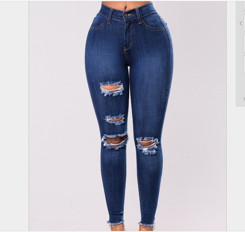 2023 Women Jeans Newest Hot Stretch Skinny Ripped Hole Denim Female Slim High Waist Pencil Trousers Elegant Lady Button Bottom