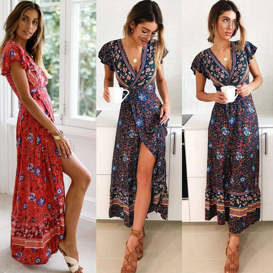 Vintage Robe Short Sleeve V neck Boho Split Dress