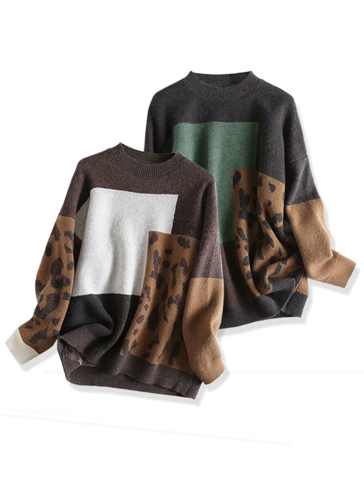 Aproms Elegant Leopard Print Oversized Pullovers