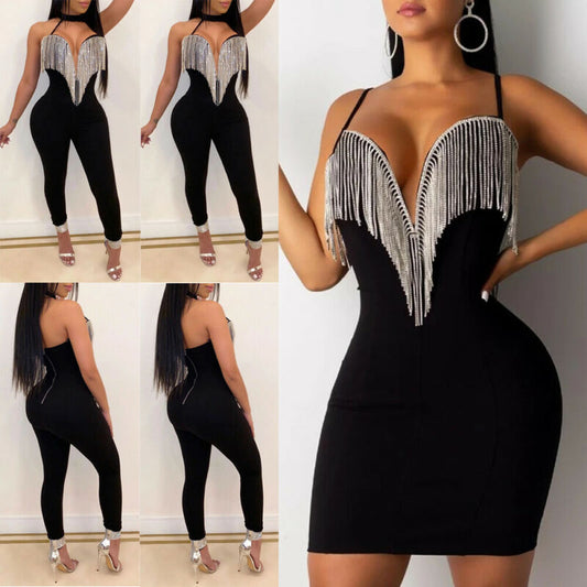 Ladies Women Sexy Sleeveless Glitter Tassel Hollow Out Low-cut Backless Slim Halter Zipper Club Party Black Dress