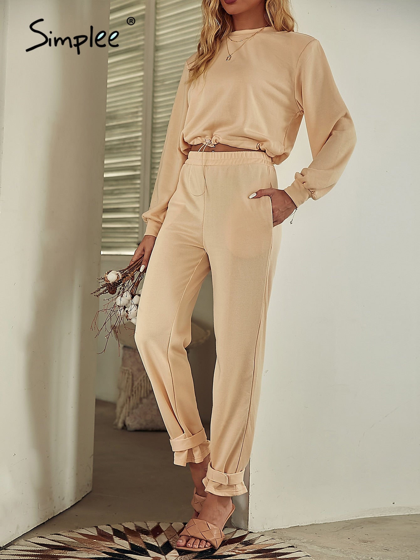 Simplee O-neck long sleeves short top long pants set Elastic shoulder pads pocket two pieces sets Female solid loose tracksuit
