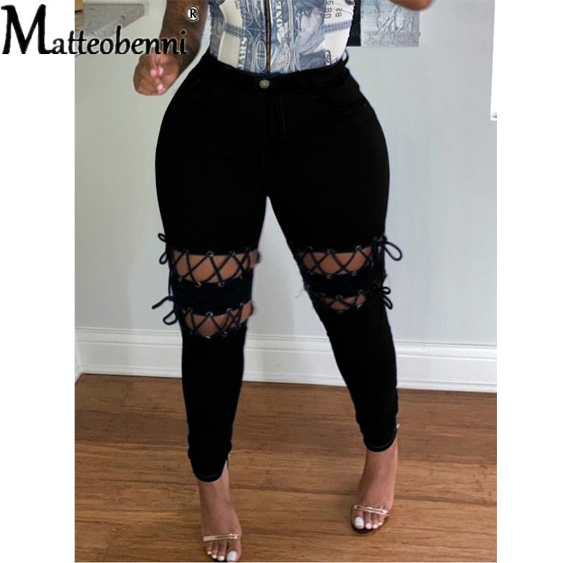 New Fashion Women Solid Lace-up Hollow Out Jeans 2021 Winter Lady's Streetwear High Waist Skinny Denim Pencil Pants