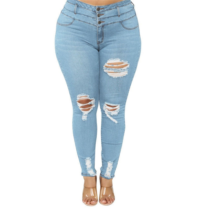 Women's Plus size jeans Black and blue high waist ripped jeans Fashion casual skinny denim pencil pants L-5XL drop shipping