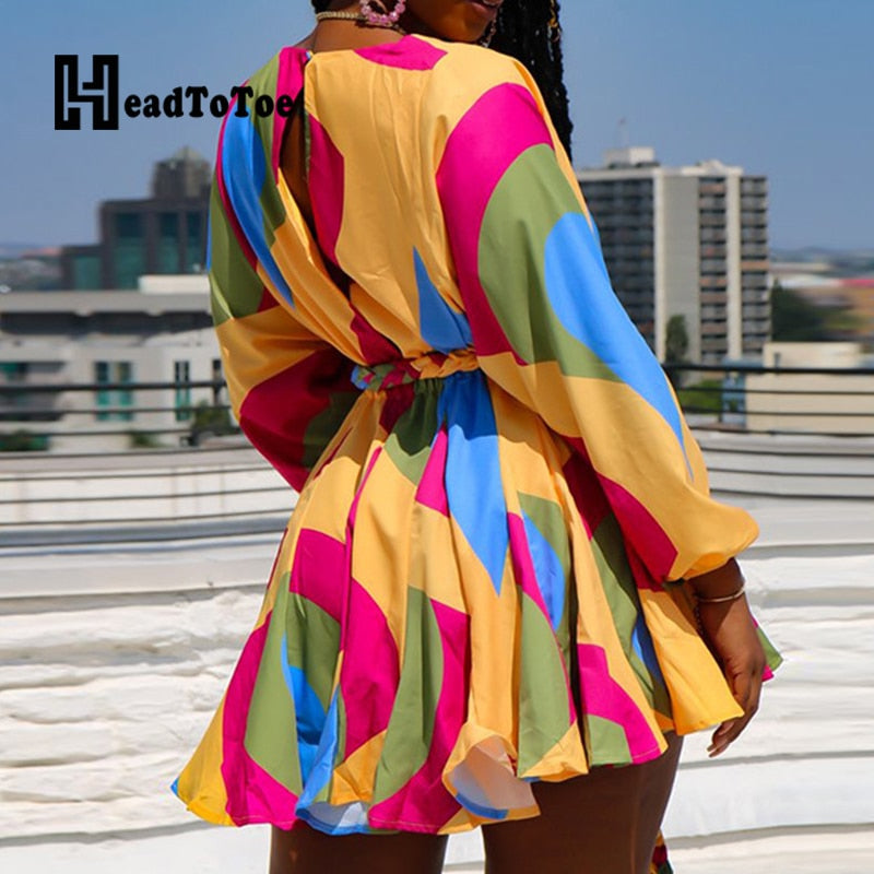 Tie Dye Print Colorblock Belted Casual Fit Flare Dress