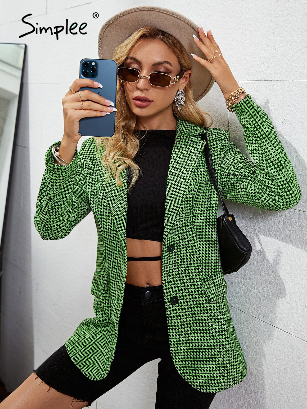 Simplee Houndstooth green pocket office blazer