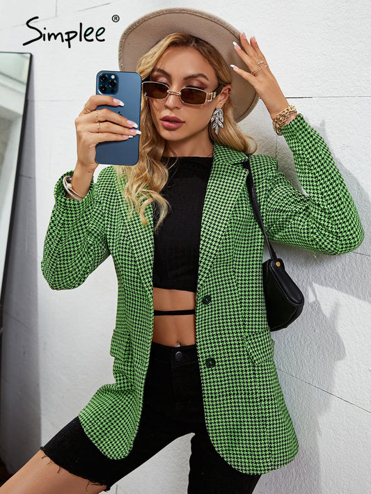 Simplee Houndstooth green pocket office blazer