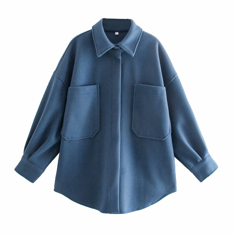 PUWD Casual Woman Camel Loose Pocket Woolen Shirt