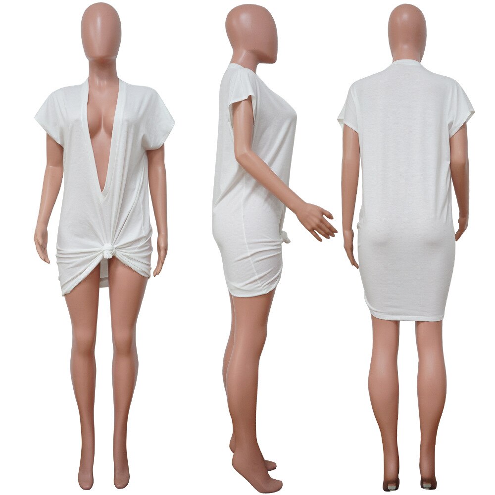 CM.YAYA Women Dress Solid Short Sleeve Deep V-neck
