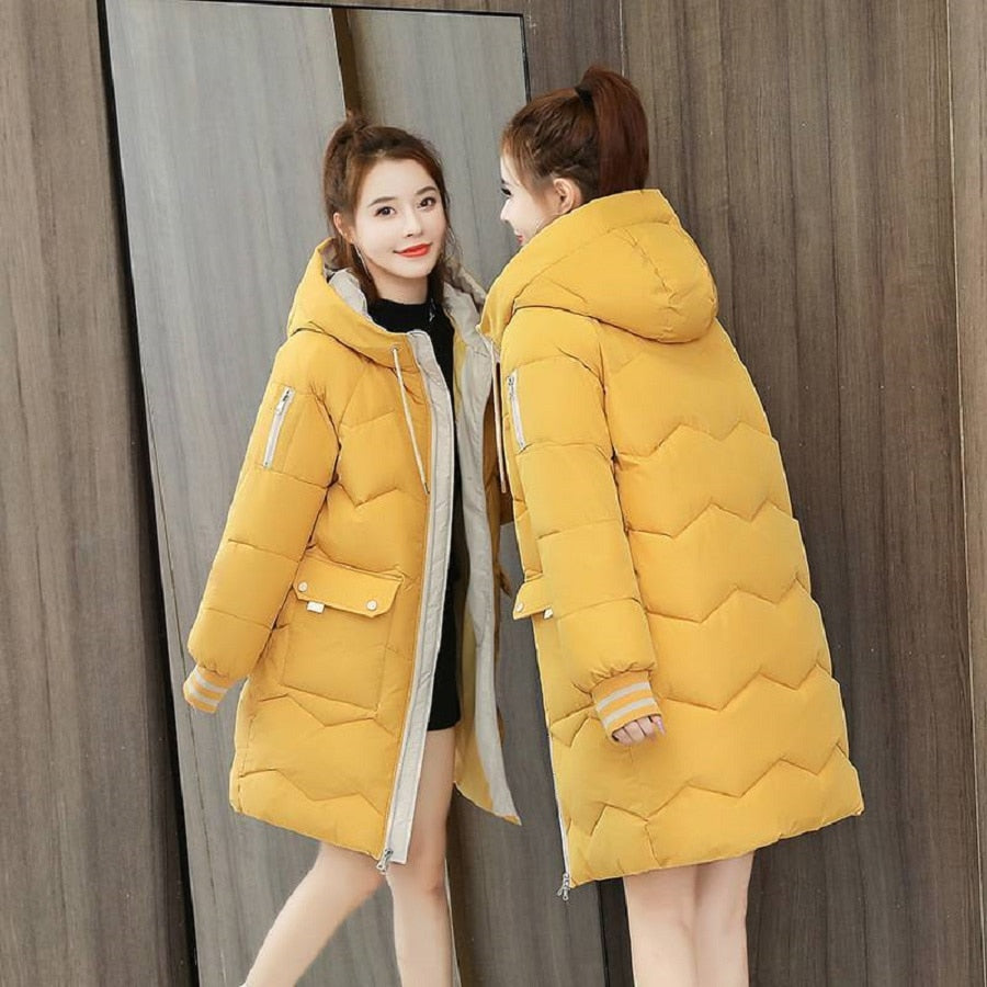 Oversized 4XL Hooded Mid-length Cotton Padded Coat Women Loose Warm Thicken Parka Fluffy Overcoat