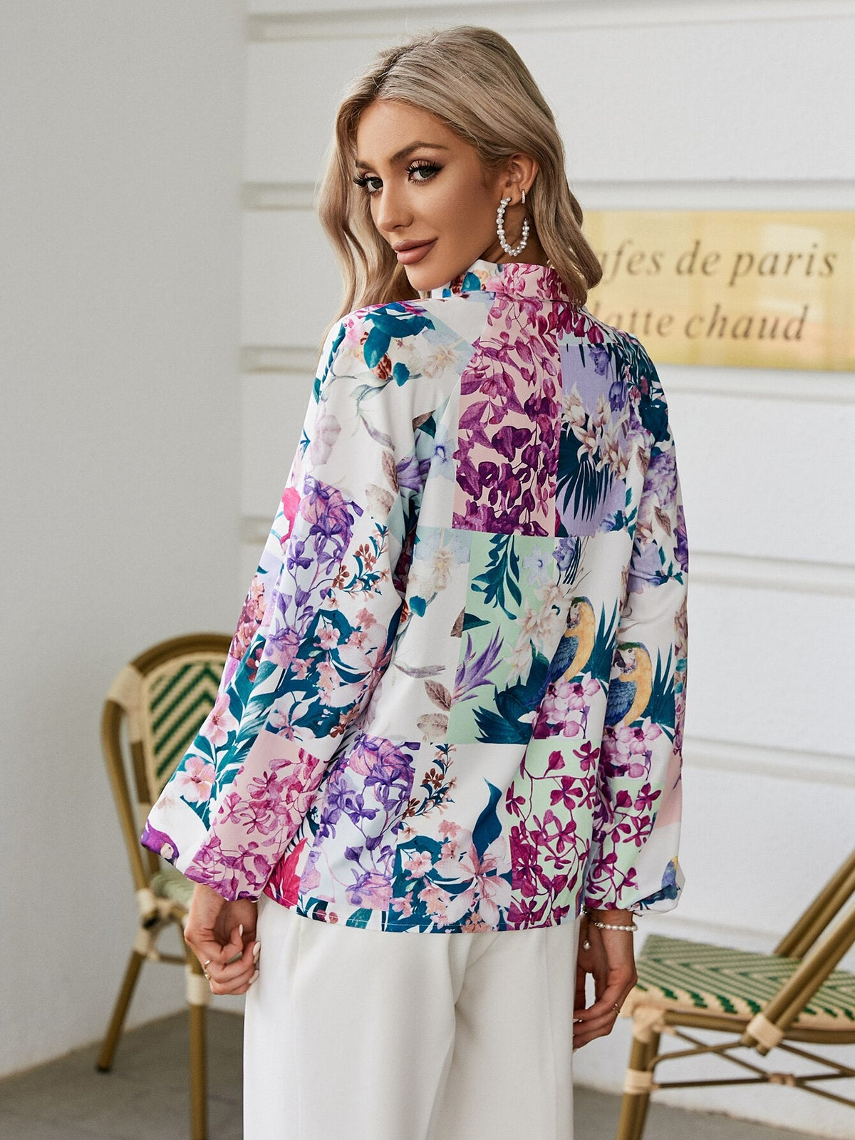 Simplee Elegant lantern sleeve loose print women shirt