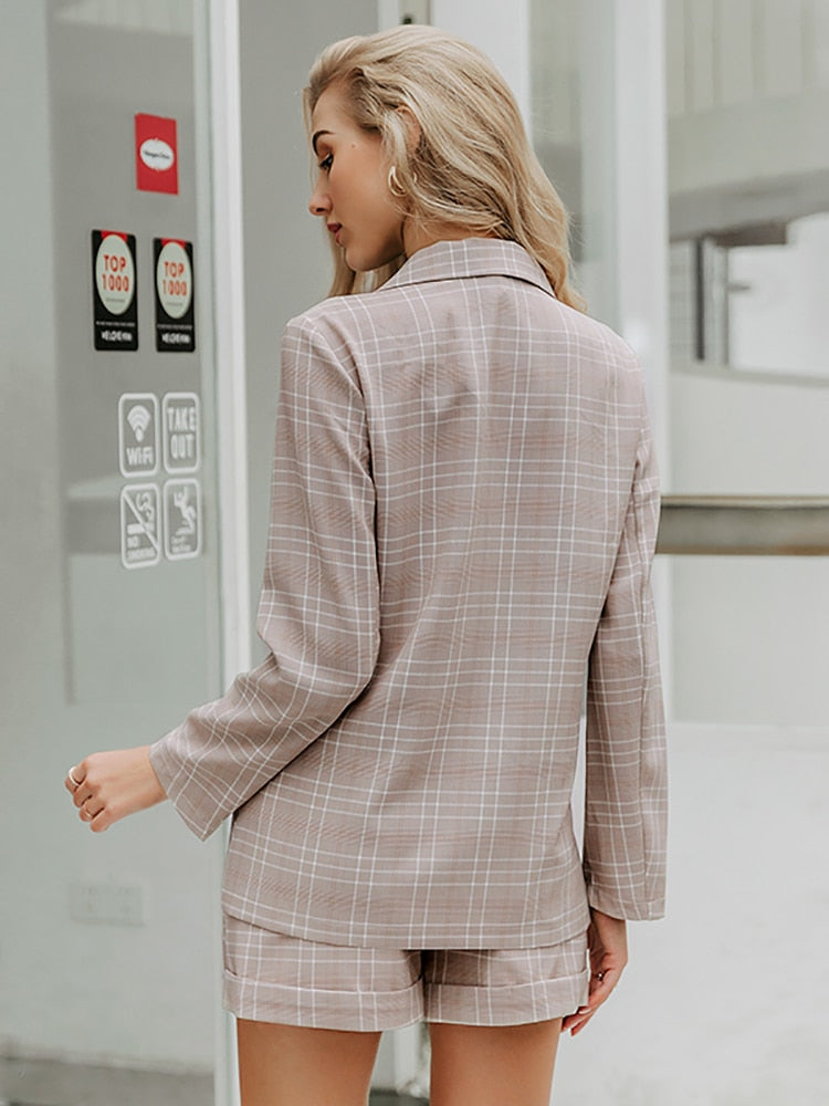 Simplee Two-piece blazer women suits Double breasted plaid casual female blazer