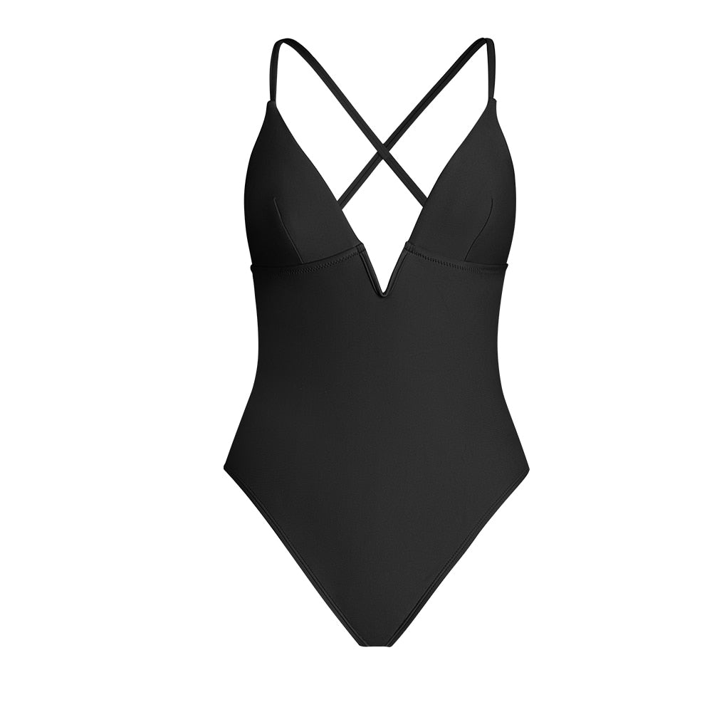 SEASELFIE V-Wire Cross Back One-piece Swimsuit For Women Black Sexy Backless Monokini Swimwear Bathing Suit Beachwear