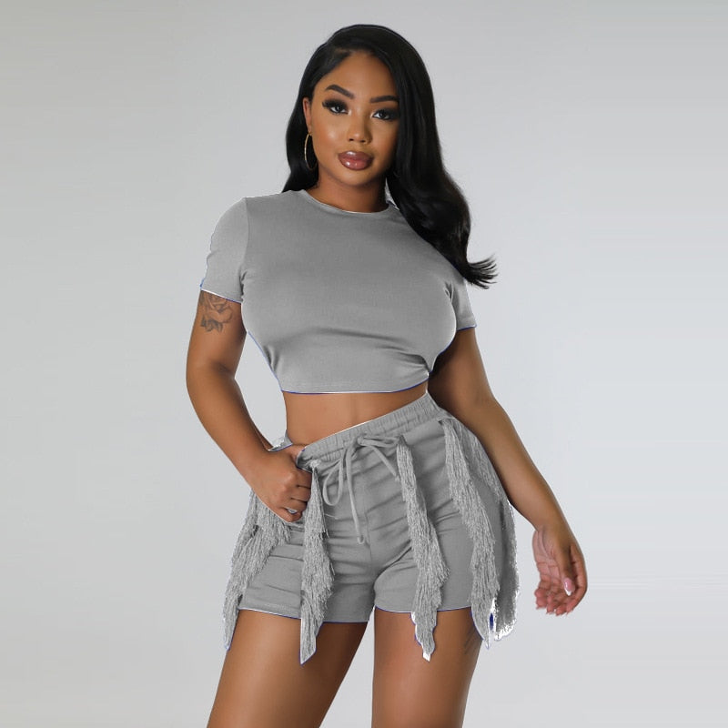 Echoine Short Sleeve Round Tshirt Crop Top Tassel Patchwork Shorts Two Piece Set