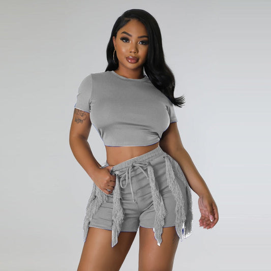 Echoine Short Sleeve Round Tshirt Crop Top Tassel Patchwork Shorts Two Piece Set