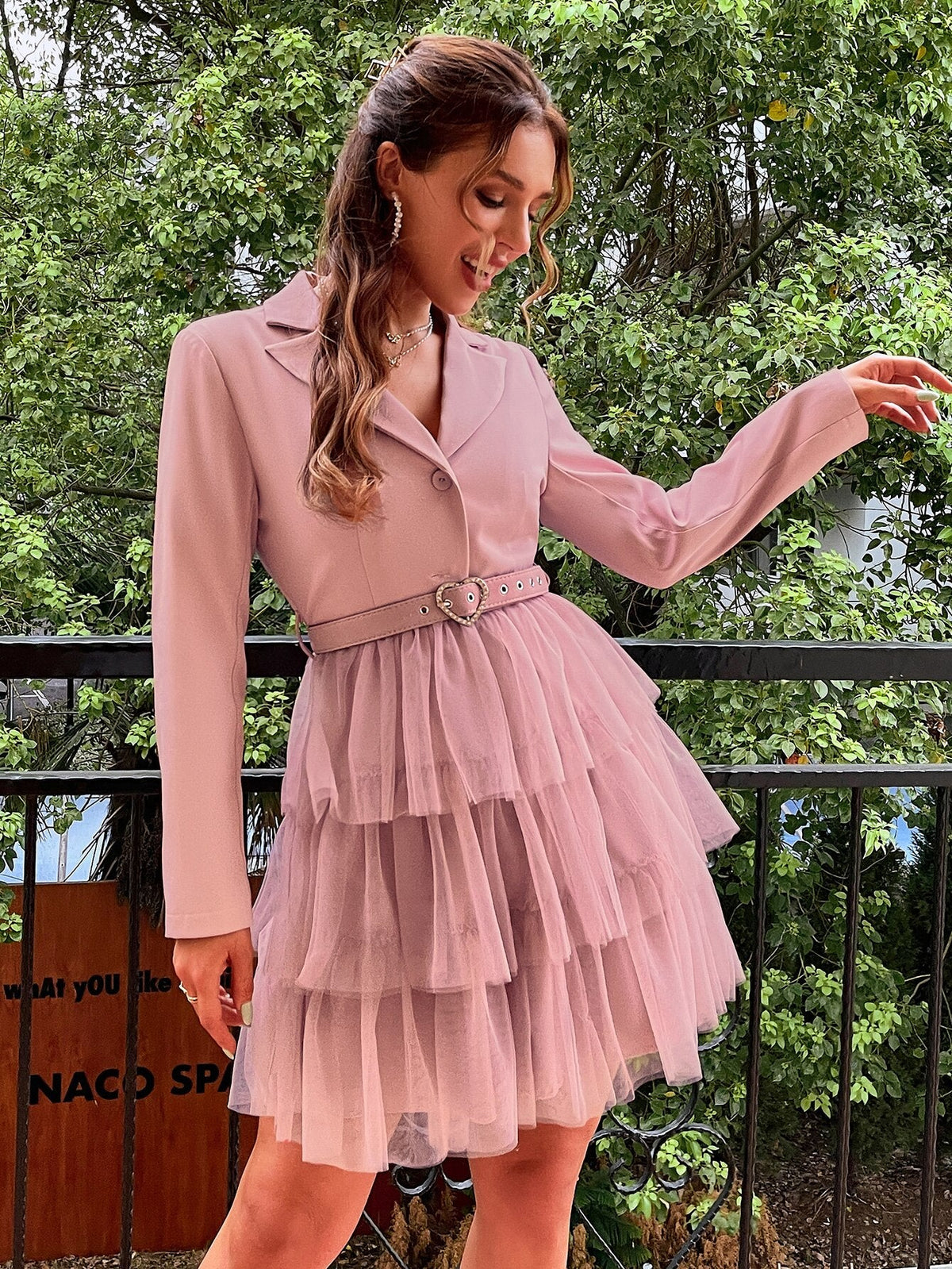Simplee Elegant tulle belt party dresses women Notched tulle patchwork blazer dress Shoulder pads long sleeve mini evening robe