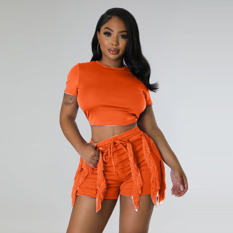 Echoine Short Sleeve Round Tshirt Crop Top Tassel Patchwork Shorts Two Piece Set