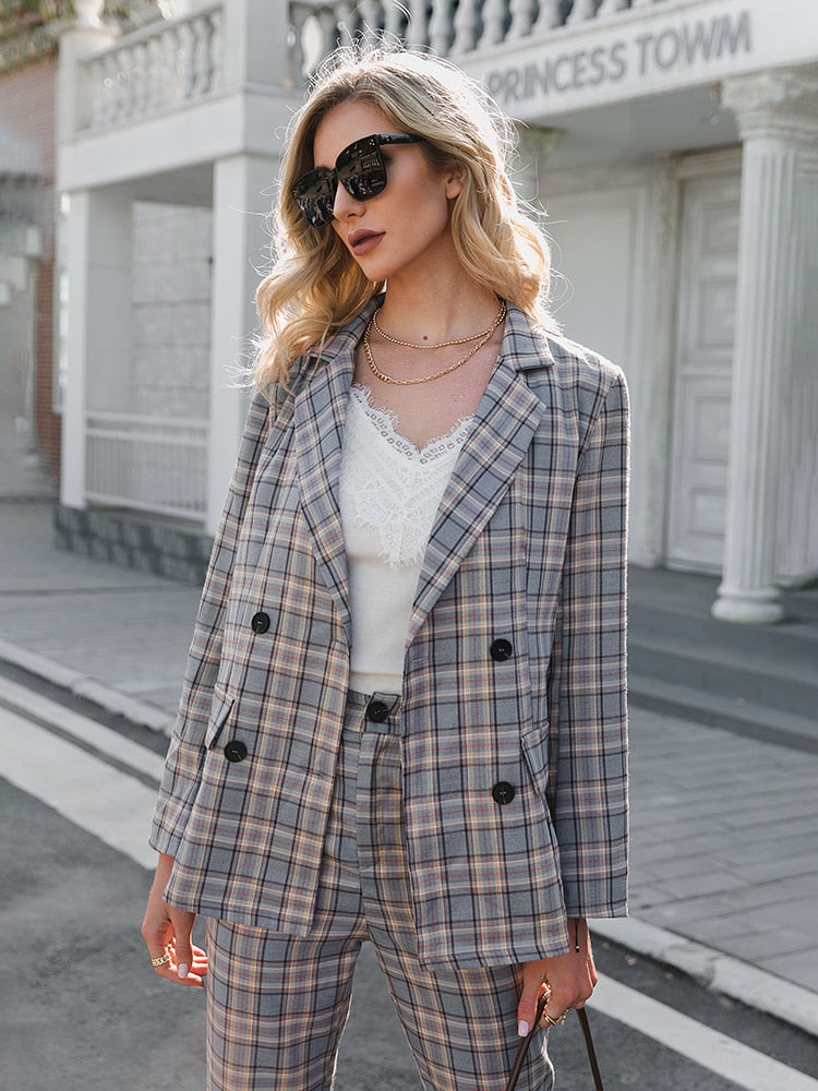 Simplee Two-piece blazer women suits Double breasted plaid casual female blazer