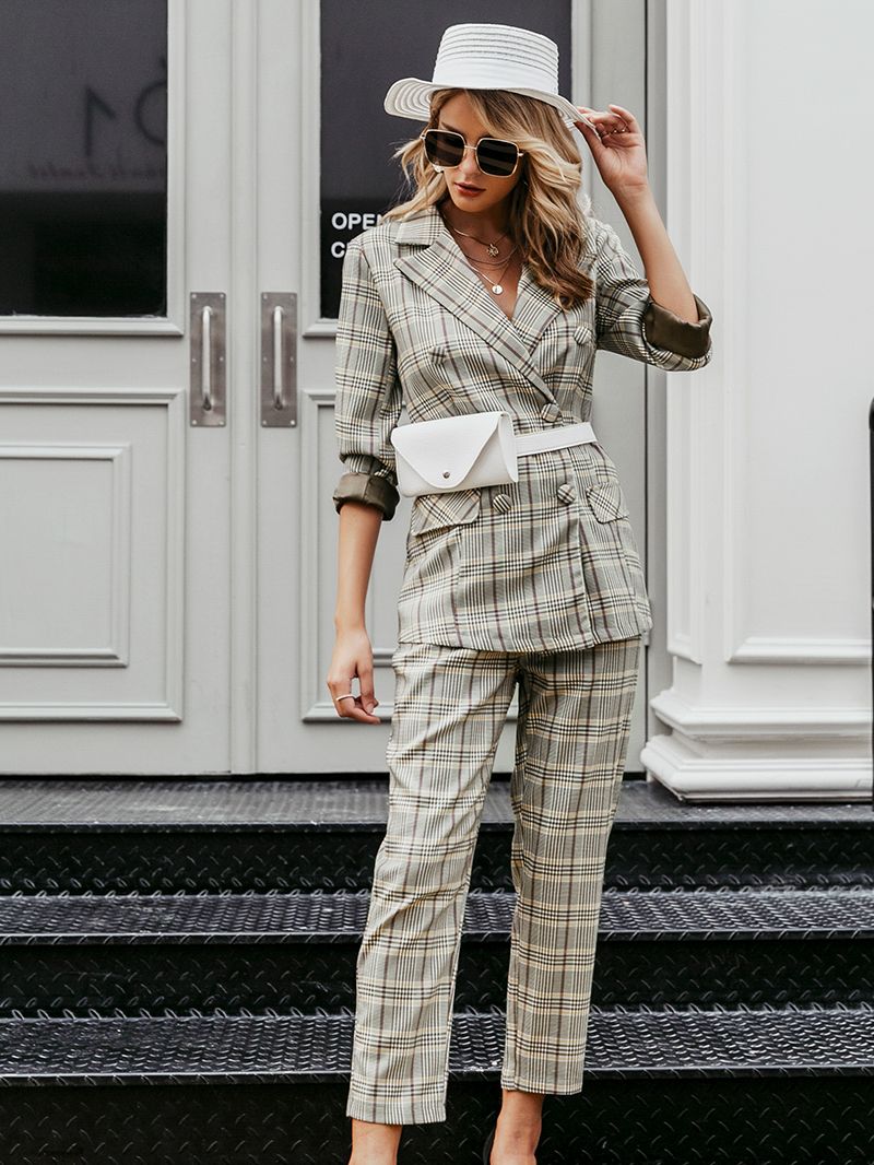 Plaid Double Breasted Ladies Blazer