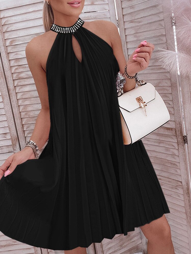 Rhinestone Decor Sleeveless Keyhole Pleated Halter Casual Dress