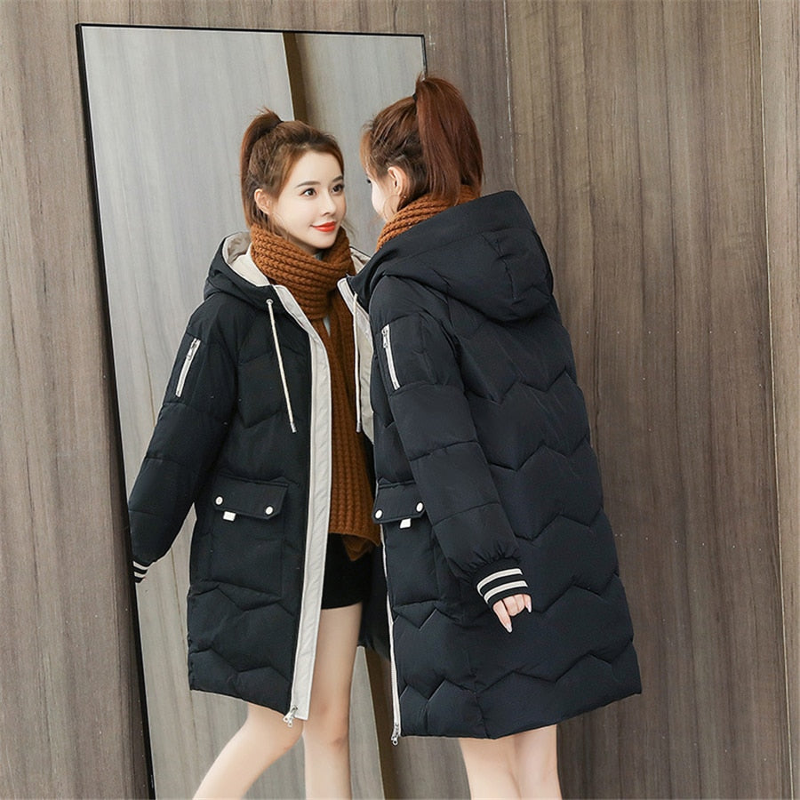 Oversized 4XL Hooded Mid-length Cotton Padded Coat Women Loose Warm Thicken Parka Fluffy Overcoat