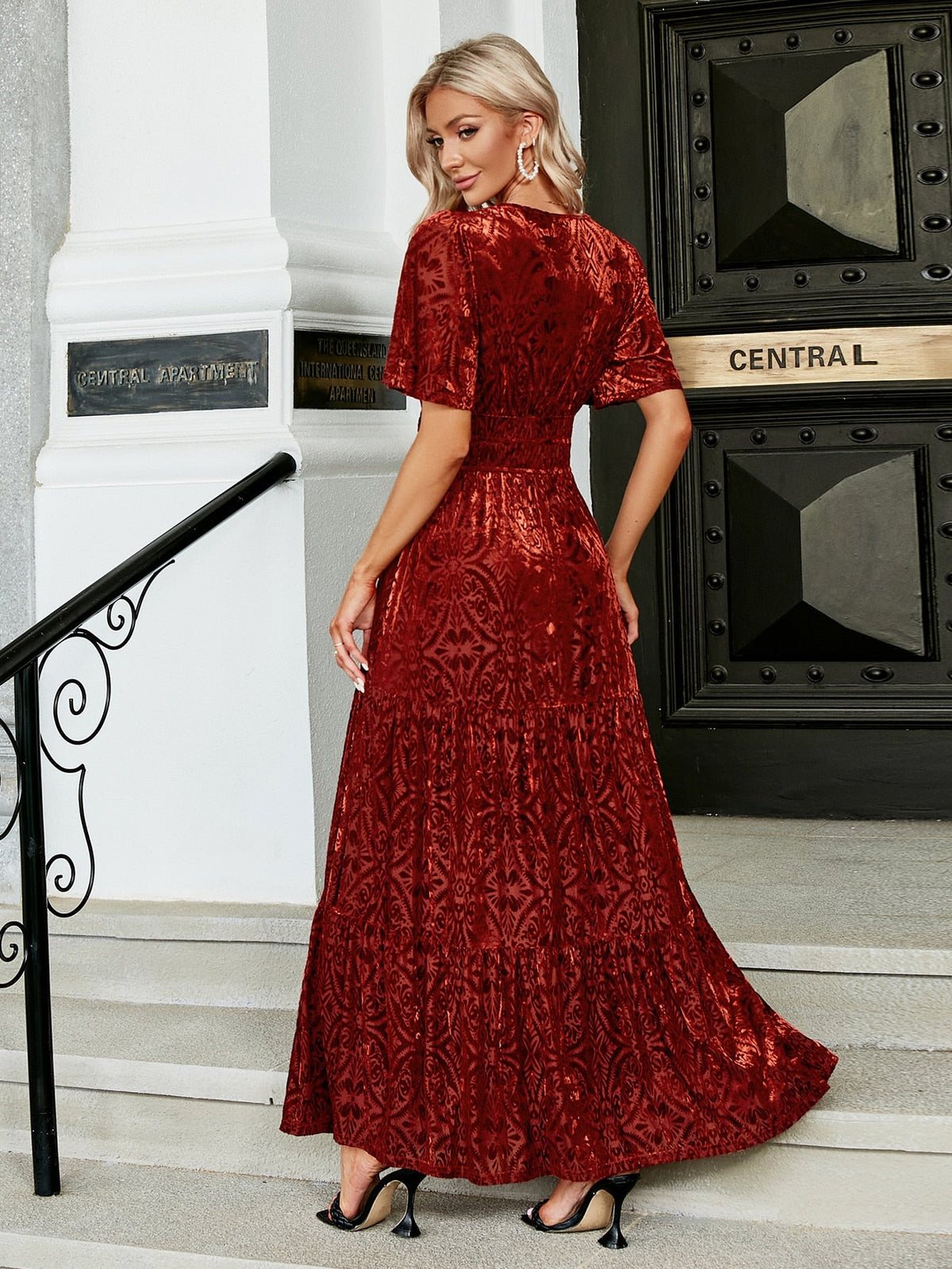 Simplee V-neck flare sleeve print velvet dress Party elegant womem dresses