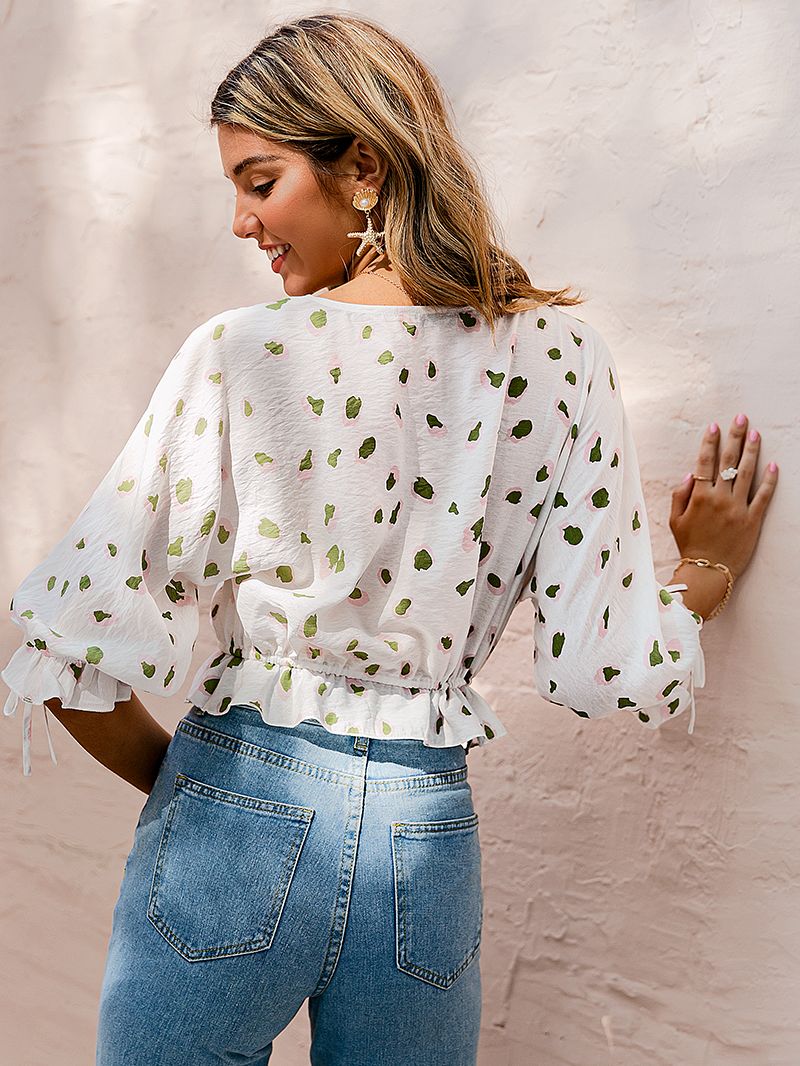 Simplee Elegant office lady printed blouse spring V-neck drawstring bow half puff sleeve