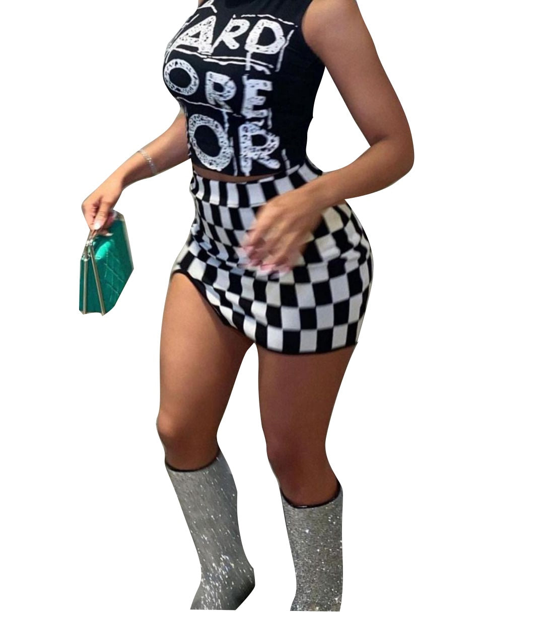 Checkerboard Printed Women 2 Piece Set Sleeveless Tank Top Bodycon Skirts Set
