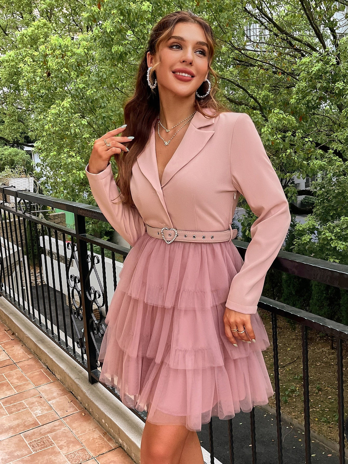 Simplee Elegant tulle belt party dresses women Notched tulle patchwork blazer dress Shoulder pads long sleeve mini evening robe