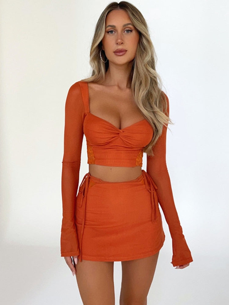 hirigin Women Summer 2 Pieces Outfits Solid Color Sweetheart Neckline Long Sleeve Crop Tops and Side Tie-Up Mini Skirts Set