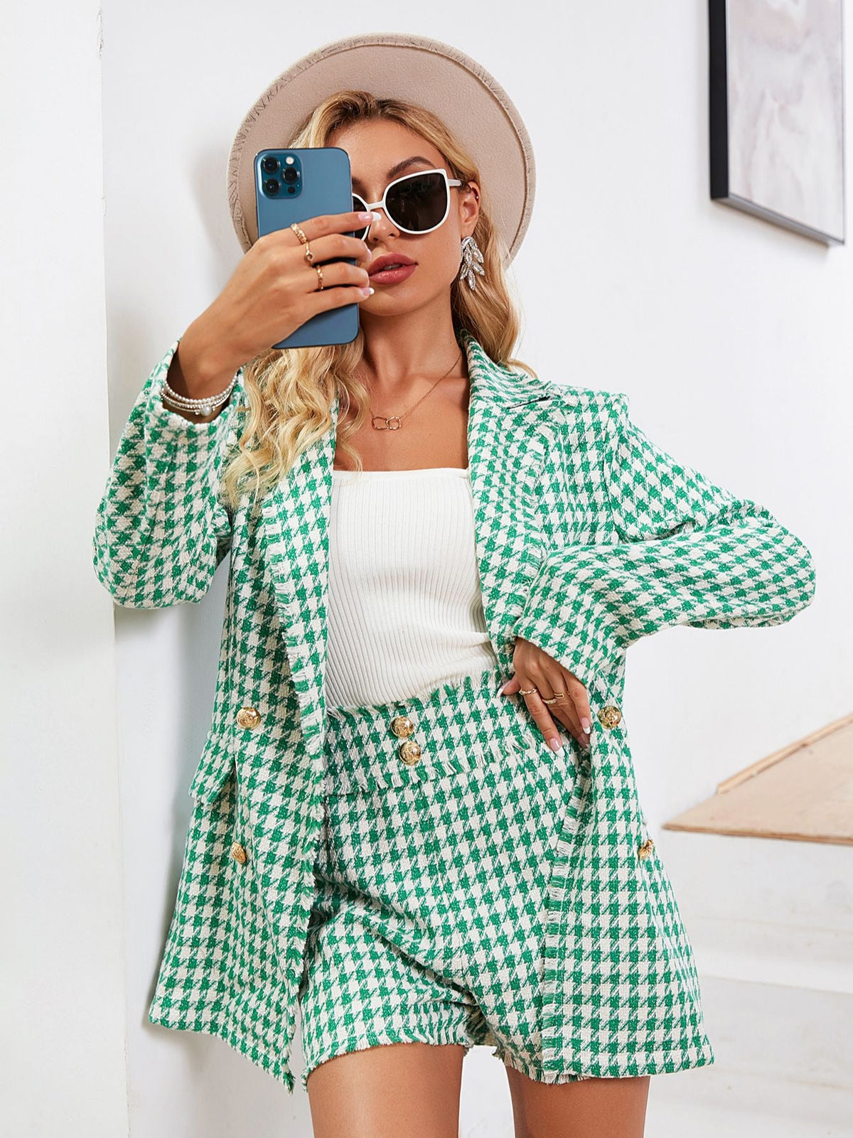 Simplee Vintage houndstooth v-neck women blazer