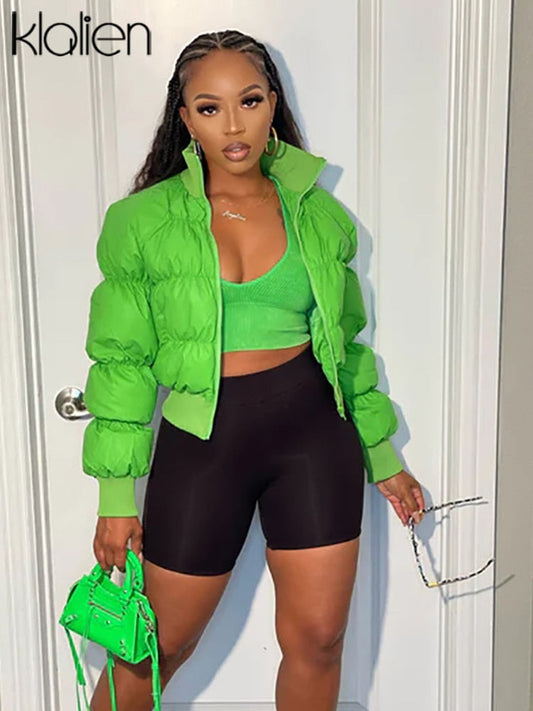 KLALIEN Fashion Casual Slim Zipper Winter Jacket Women Simple Solid Office Lady Warm Thicken Padded Jacket Office Lady Street