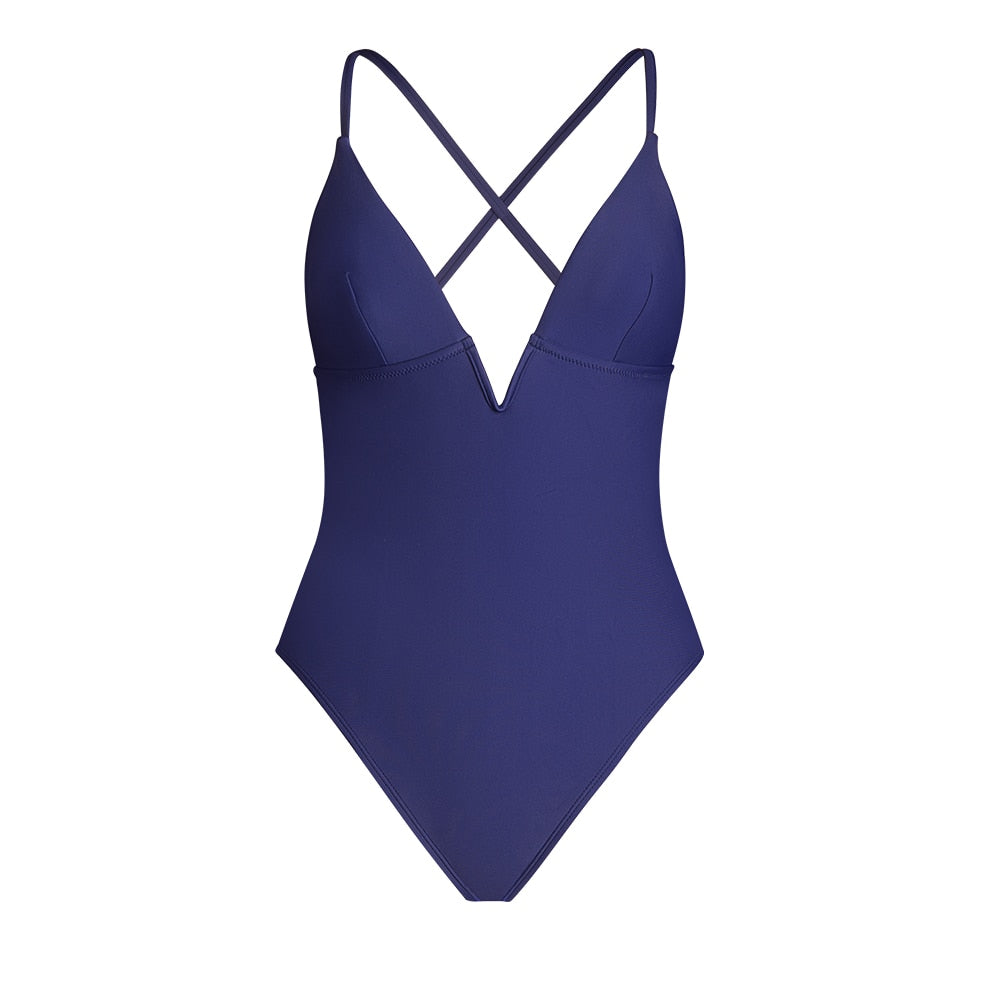 SEASELFIE V-Wire Cross Back One-piece Swimsuit For Women Black Sexy Backless Monokini Swimwear Bathing Suit Beachwear