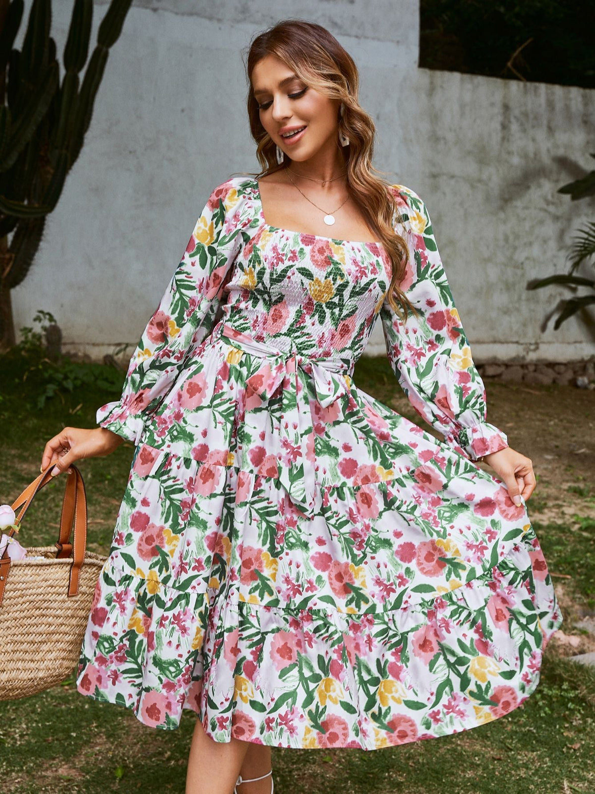 Simplee Floral slash neck long sleeve ruffle print summer dress women Holiday beach belt vestido Square collar elastic dresses