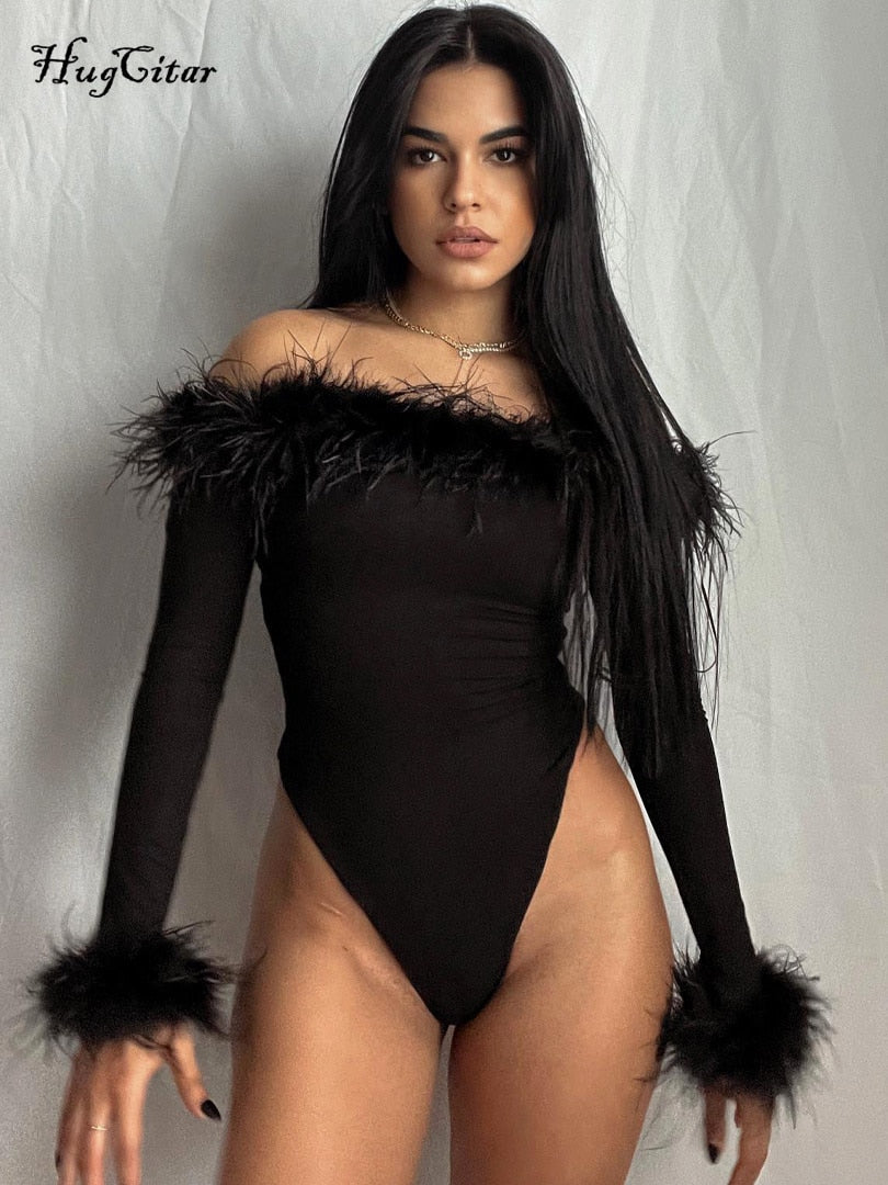 Hugcitar Feather Slash Neck Long Sleeve Solid Elegant Sexy Bodycon Bodysuit