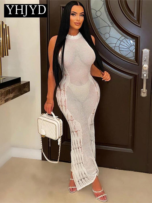 Women Knitted See Through Bodycon Beach Vacation White Long Dress