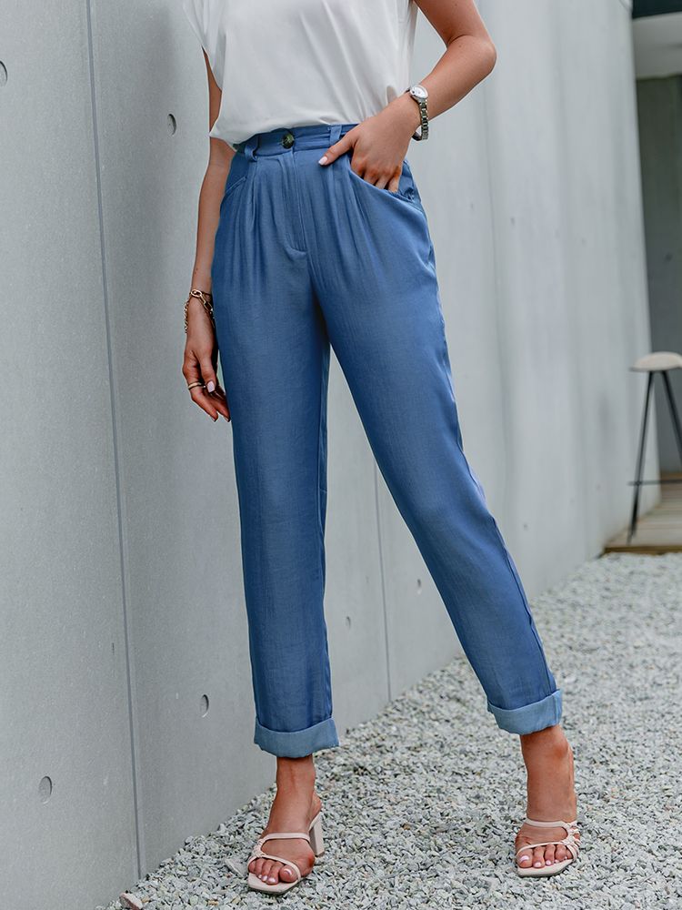 Simplee Loose straight solid button pants