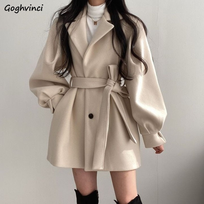 Women Solid Wool Blend Coat Slim Fit Belt Coats