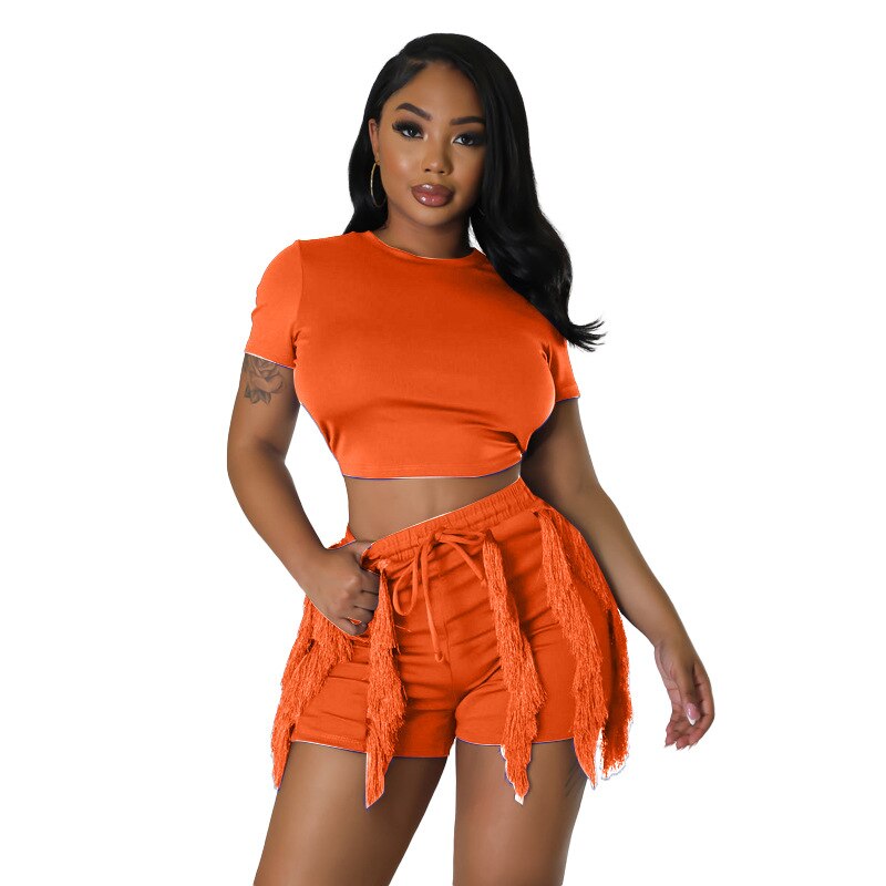 Echoine Short Sleeve Round Tshirt Crop Top Tassel Patchwork Shorts Two Piece Set