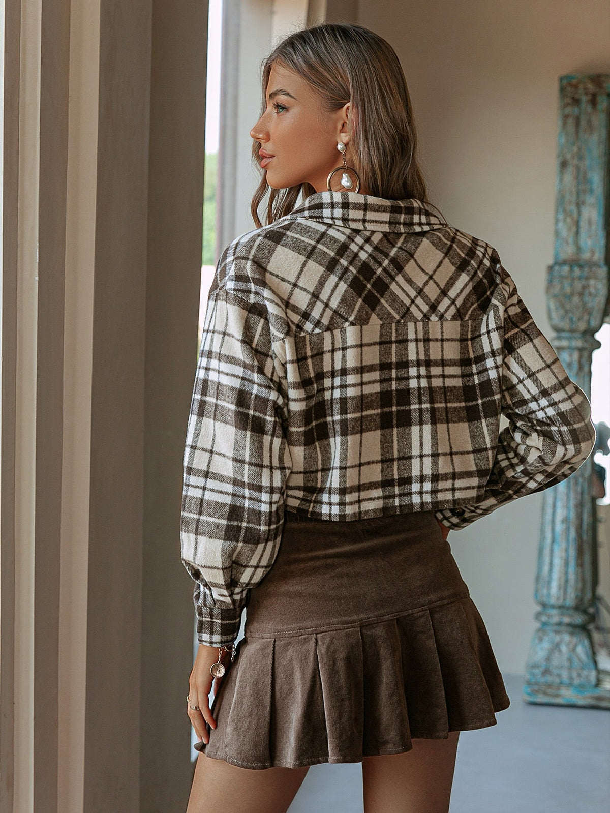 Simplee Y2K plaid buttons long sleeve short coat women Office pocket lapel jacket High street slim female shirt collar outerwear