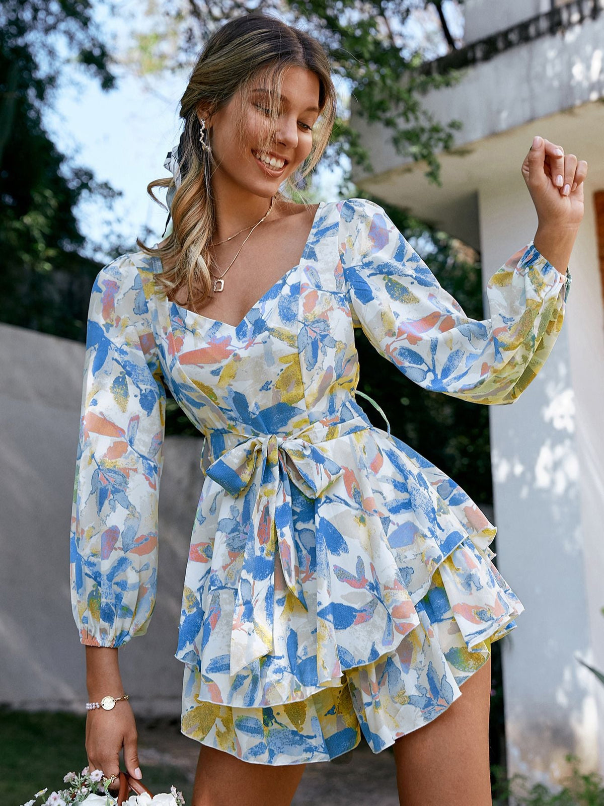 Simplee Holiday sash long sleeve ruffle print romper summer women Lace up floral short