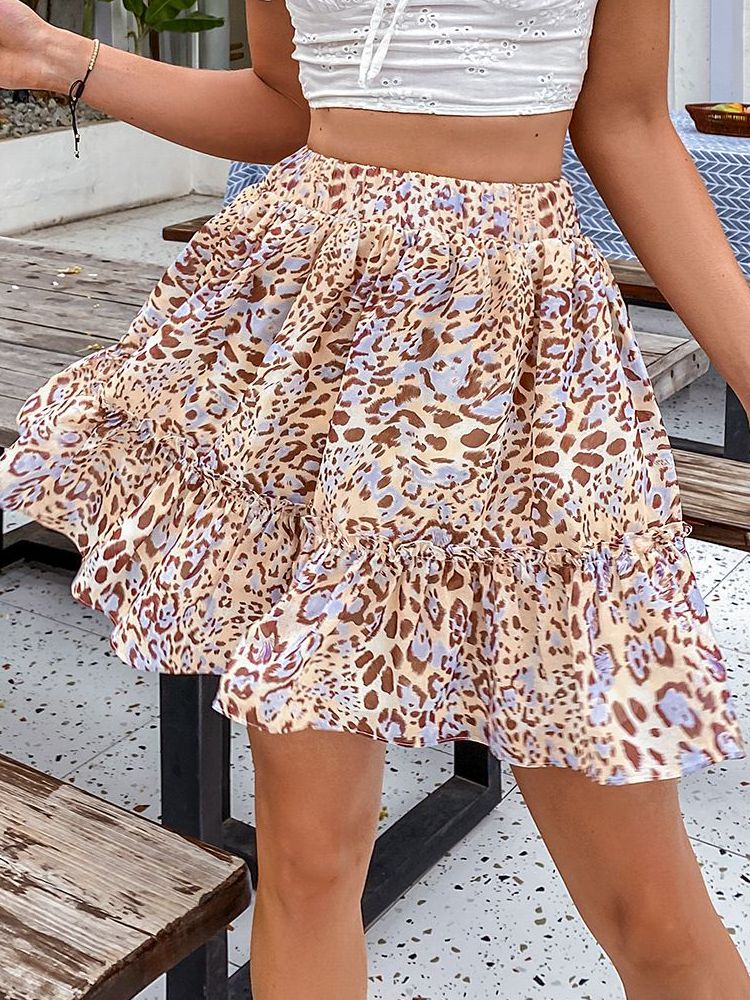 Simplee Leopard print casual women a-line mini skirt