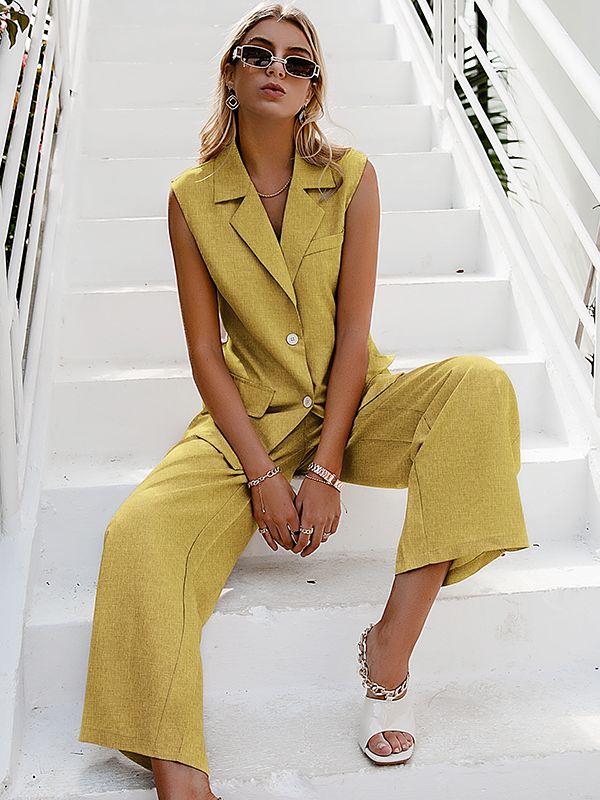 Simplee Gray sleeveless woman suits Summer casual loose suit Chic suit collar woman sets Sleeveless top high waist pants suit