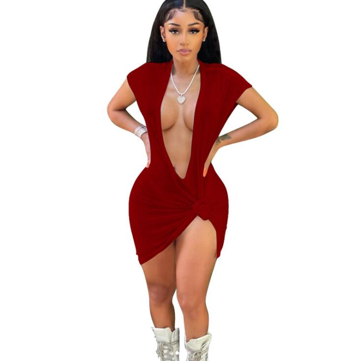 CM.YAYA Women Dress Solid Short Sleeve Deep V-neck