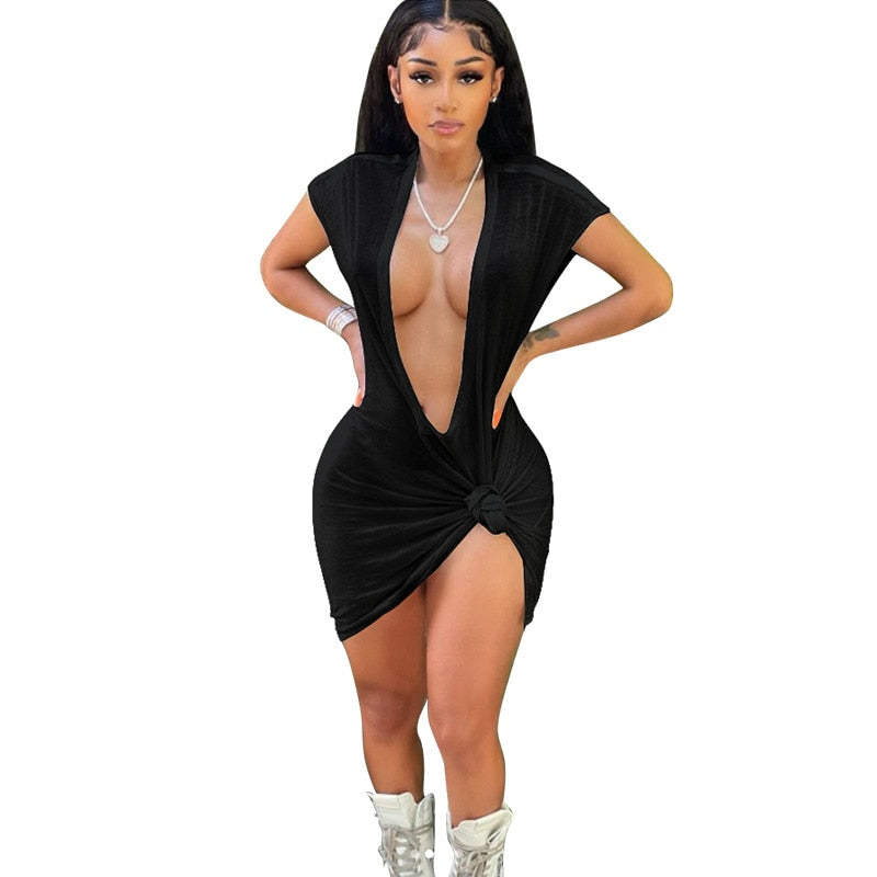 CM.YAYA Women Dress Solid Short Sleeve Deep V-neck