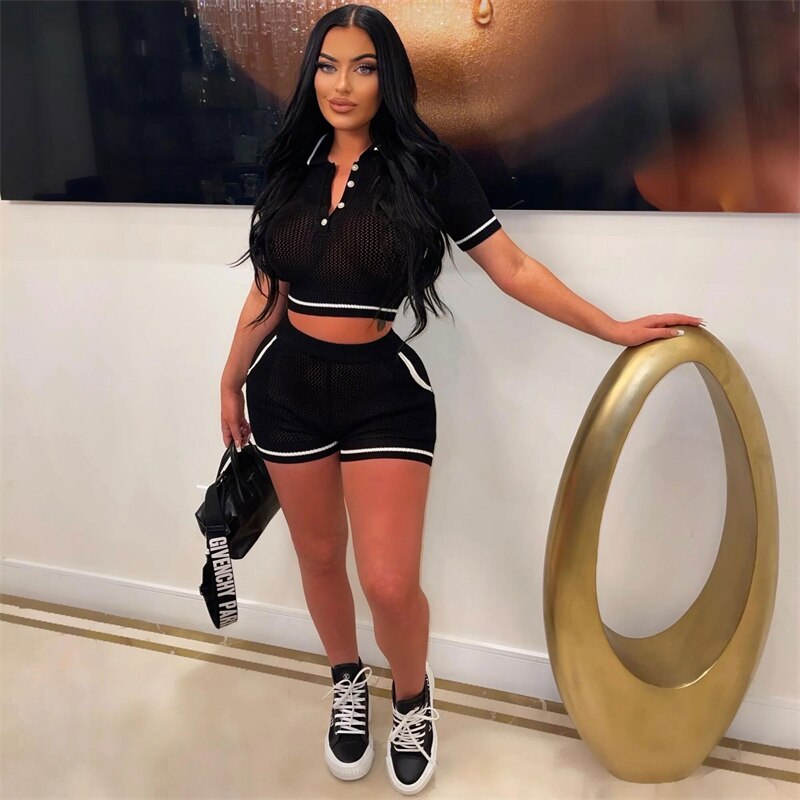 Adogirl Knitted Two Piece Set Women Summer Tracksuit Polo-Neck Short Sleeve Pullover Crop Tops Pockets Shorts Casual Jogger Suit