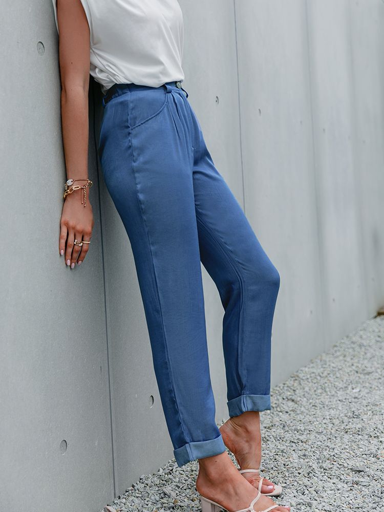 Simplee Loose straight solid button pants