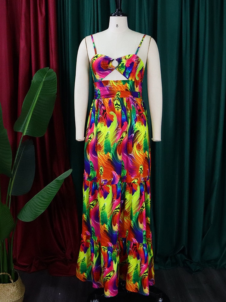 Abstract Print O-Ring Cutout Spaghetti Strap Cami Maxi Summer Dress Women