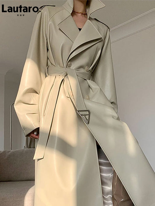 Lautaro Spring Autumn Long Faux Leather Trench Coat