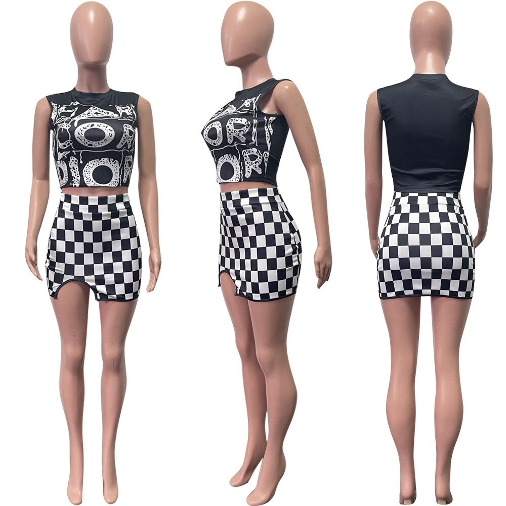 Checkerboard Printed Women 2 Piece Set Sleeveless Tank Top Bodycon Skirts Set