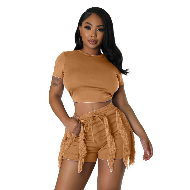 Echoine Short Sleeve Round Tshirt Crop Top Tassel Patchwork Shorts Two Piece Set